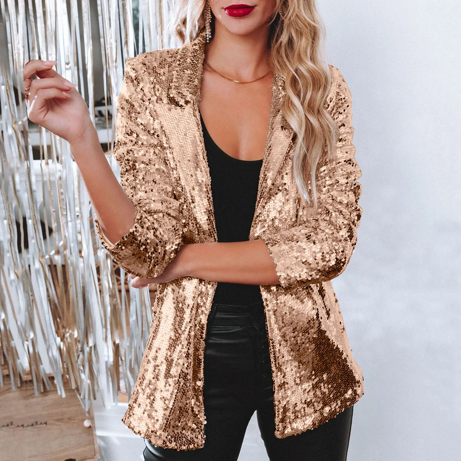 

Black Sequin Shinny Shirt Jacket Outerwear Women Casual Loose Blazer Stage Party Nightclub Costume Chemise Homme Disco Camisas
