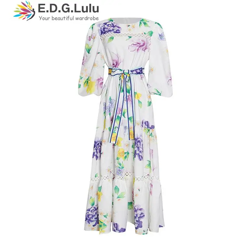 

EDGLuLu O-neck Lantern Sleeve Floral Print Beach Bohemian Chiffon Dress For Women Ladies Casual Elegant Loose Summer Dress 0111