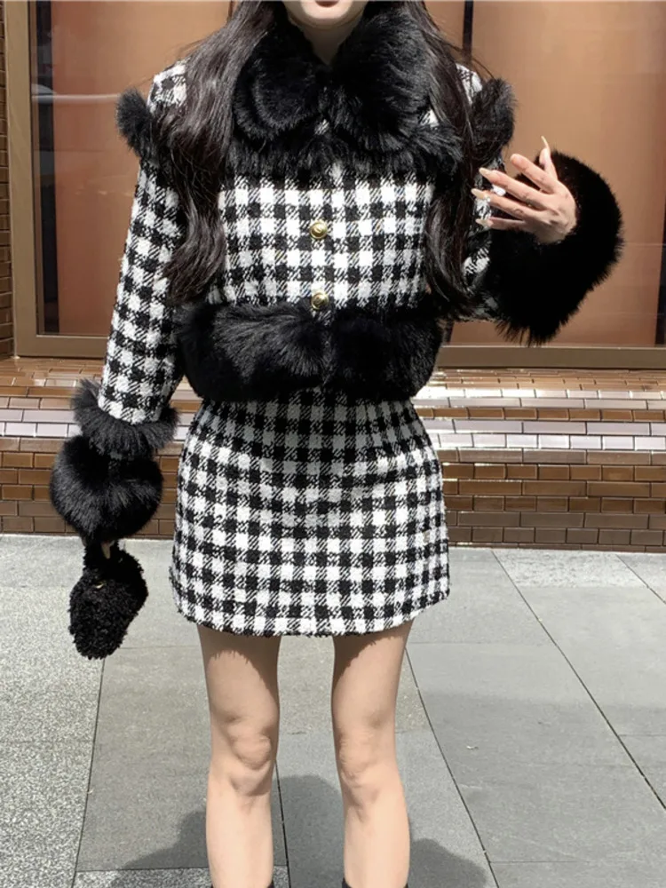 

Женский очаровательный комплект из двух предметов, зимняя плотная теплая куртка из искусственного меха и юбка в Корейском стиле, комплект из двух предметов