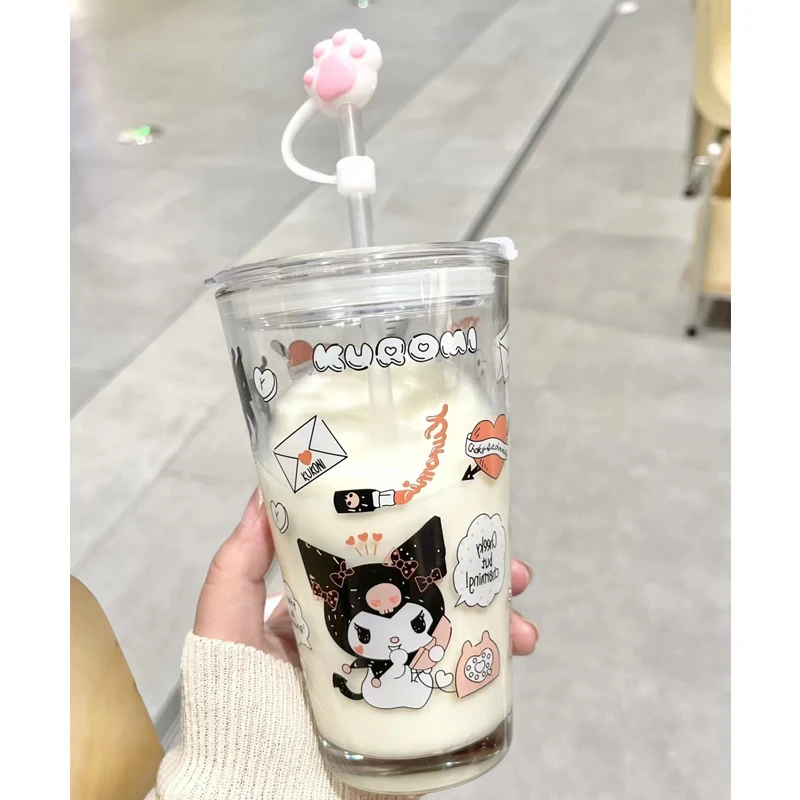 

Sanliou Glass Straw Cup Cartoon Kuromi Cinnamonroll Mymelody Scale Milk Cup Beverage Cup Ins Milk Tea Cup with Lid Home Use