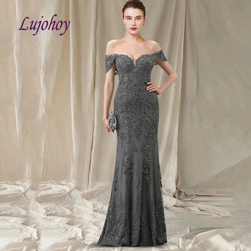 

Grey Long Lace Mother of the Bride Dresses Mermaid Plus Size for Weddings Godmother Groom Dinner Dresses Gowns