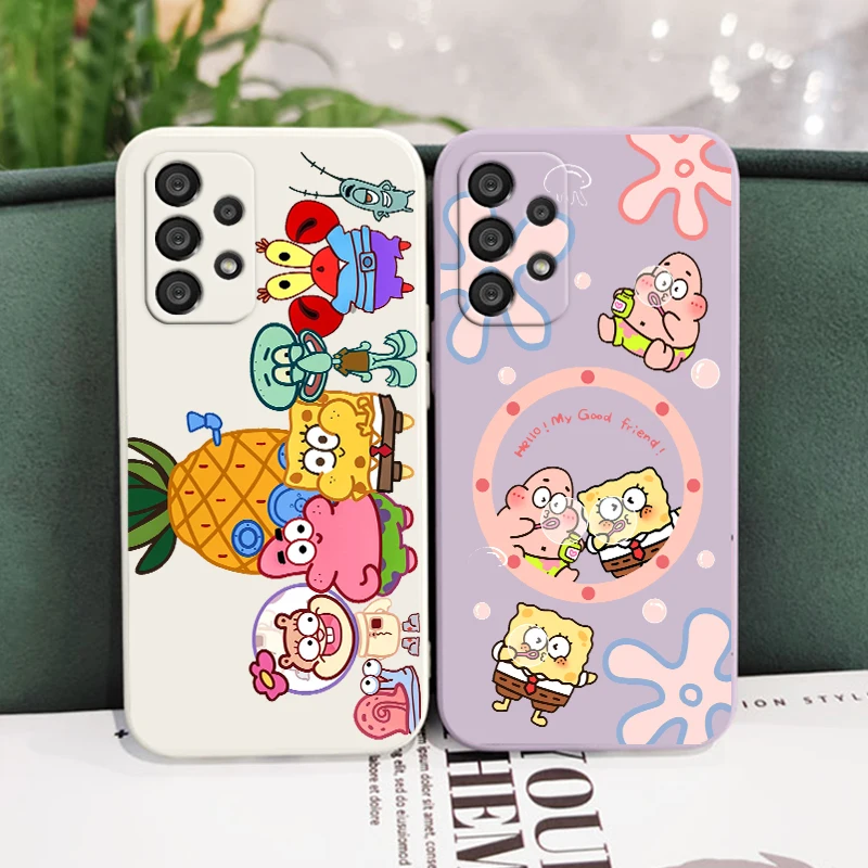 

Cartoon funny SpongeBob Phone Case For Samsung A73 A53 A33 A52 A32 A71 A51 A21S A03S A50 A30 5G Liquid Rope Soft Cover