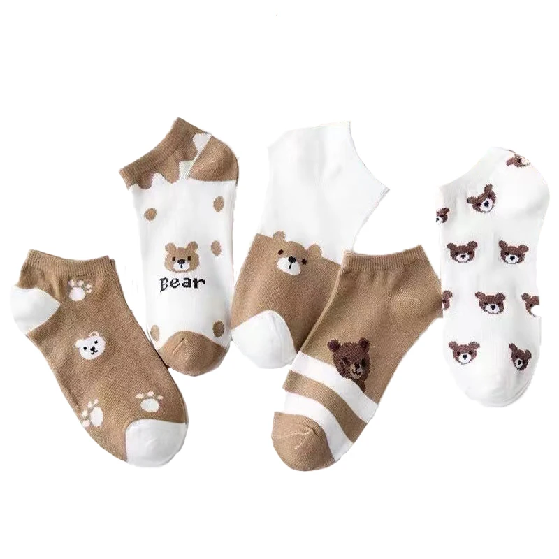 5 Pairs Cute Women Socks Harajuku Polyester Cotton Low Tube Women's Socks Summer Casual Breathable Japanese Style Cartoon Socks