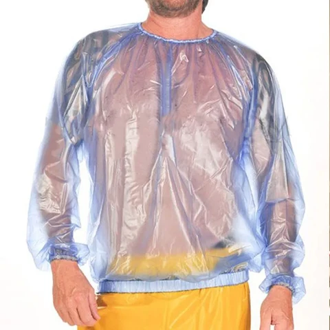Прозрачная пикантная Мужская водостойкая ветрозащитная футболка из ПВХ с круглым вырезом и длинными рукавами ABDL, свободный пластиковый пуловер большого размера для взрослых и детей