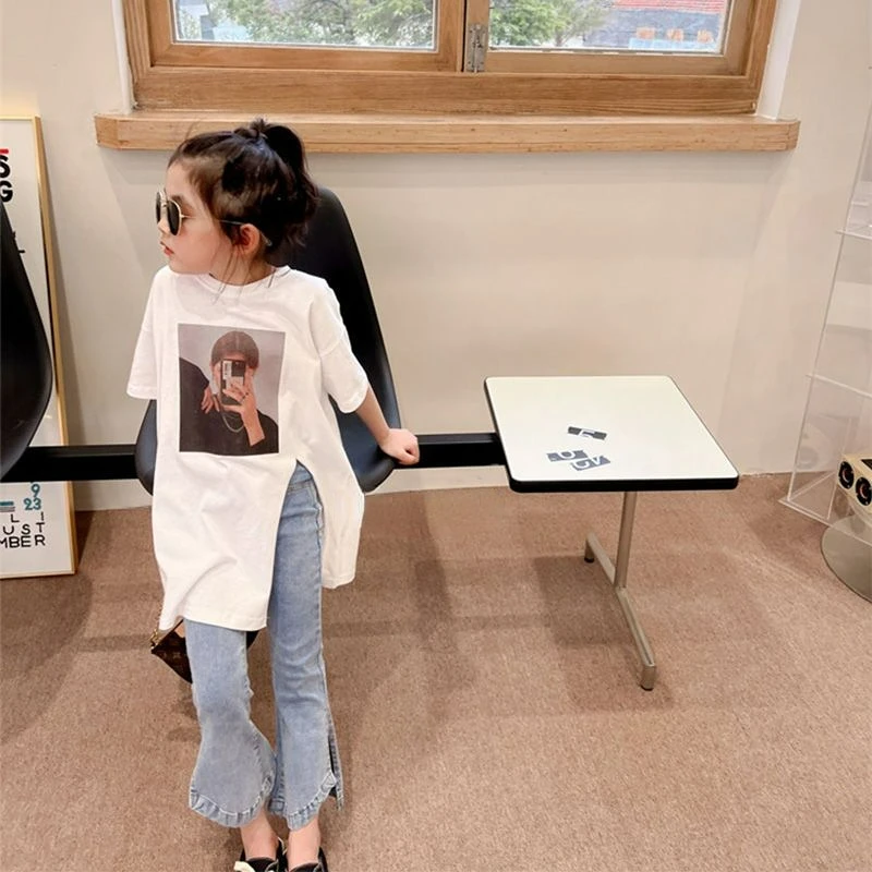

Young Girl Clothes Sets Summer 2023 New Kids Cartoon Printed Long Top+jeans 2PCS Suit Fashion Korean Children’s Clothing