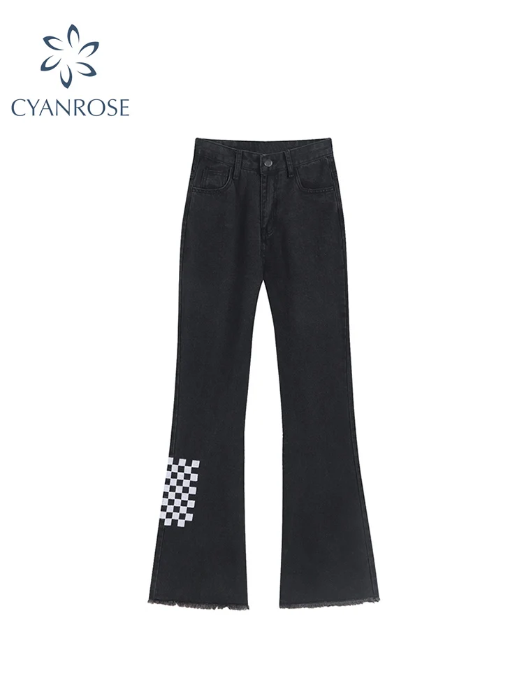 

Женские черные джинсы y2k, повседневные Модные клетчатые ковбойские расклешенные брюки в стиле пэчворк, в стиле Харадзюку 90-х, Готическая жен...