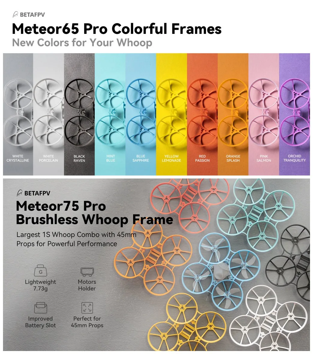 

BETAFPV Meteor65 Pro 65mm / Meteor75 Pro 75mm Frame Kit (Random Color) for FPV Freestyle 65mm 75mm Tinywhoop Drones