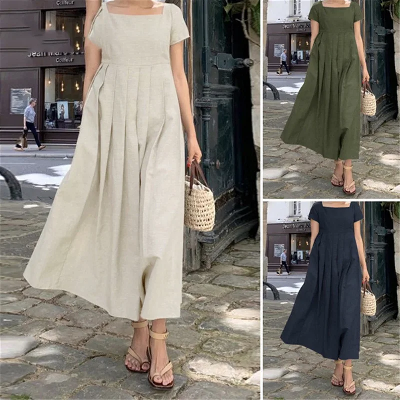 

New 2022 Summer Fashionable Pleated Long Skirt Solid Color Plus Size Temperament Elegant Square Neck Short Sleeve Casual Dress