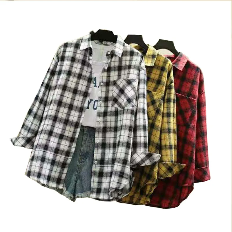 Рубашка женская с отложным воротником хлопок Клетчатая блуза свободного покроя