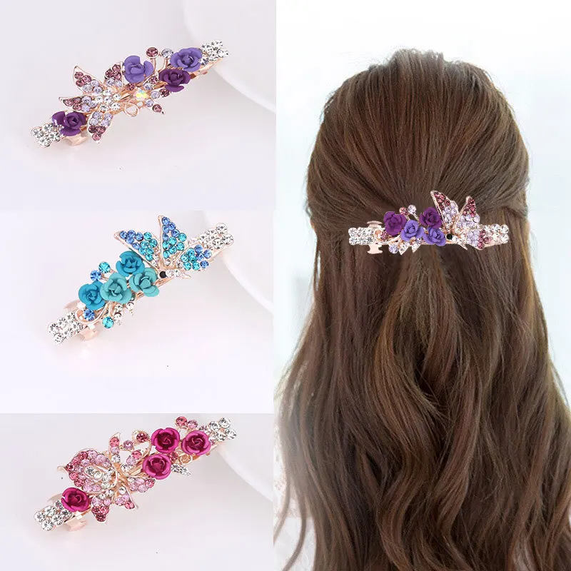 

Temperament Crystal Flower Headband Simple Personality Spring Clip High-End Handmade Hair Accessories For Women