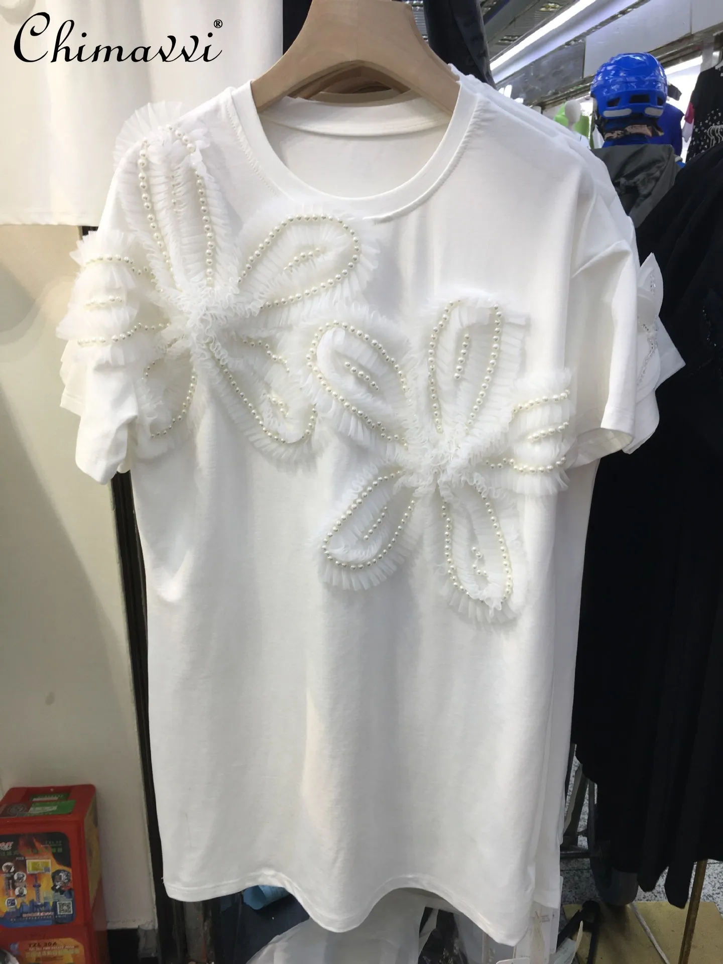 

Fashion Pleated 3D Flower Beaded Short Sleeve Top Tees 2022 Summer Women Korean Style Loose Slimming Solid Color O-neck T-shirt