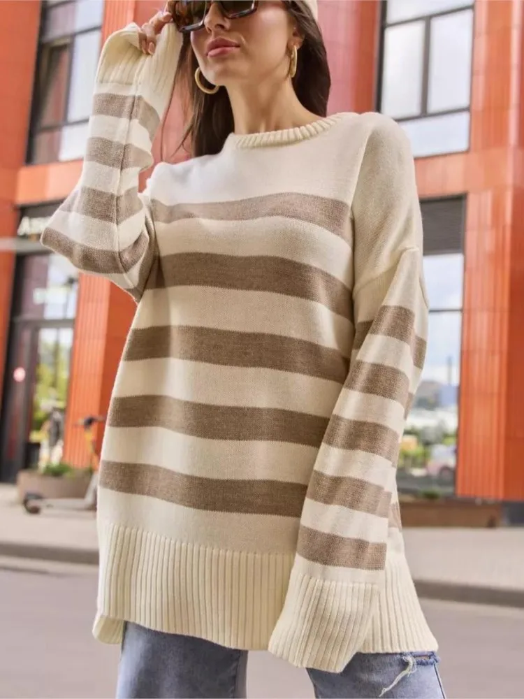 Модный полосатый вязаный свитер женский свободный пуловер с длинным рукавом и