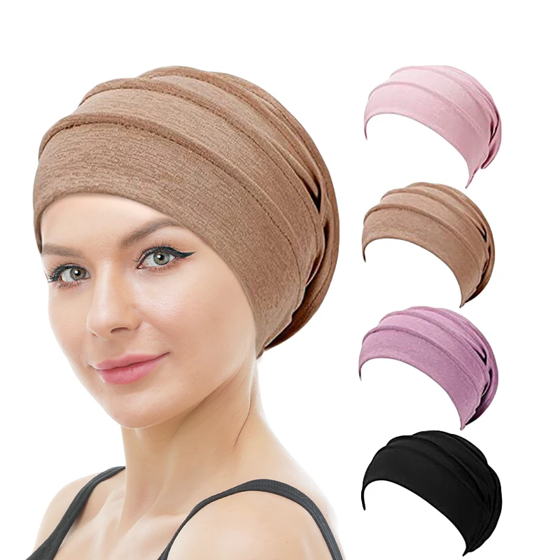 

New Women Solid Color Turban Cotton Cancer Beanie Bonnet Inner Hijabs Cap Hair Loss Chemo Hat Elastic Head Cap Muslim Indian Hat