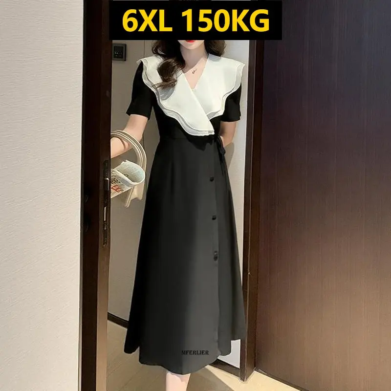 

E GIRLS Large Size 6XL 150kg Women Long Dress Loose Lace Collar Dressess V Neck Short Sleeve Ladies Casual High Waist Dresses E