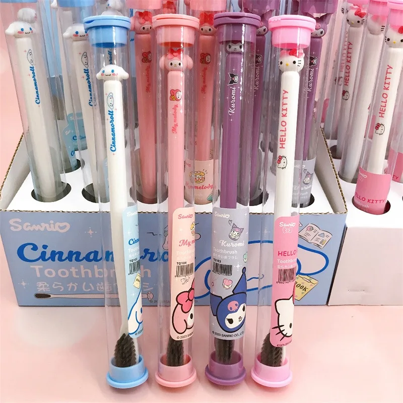 

Симпатичные Блестящие зубные щетки Kuromi Cinnamoroll, оптовая продажа, портативная дорожная зубная щетка из бамбукового древесного угля для чистки полости рта