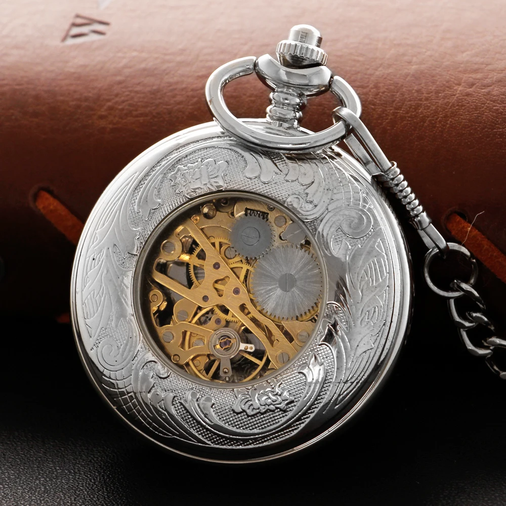 Silver Exquisite Moonlight Hollow Manual Mechanical Pocket Watch Men's Necklace Pendant Clock Vintage Gentleman Gift