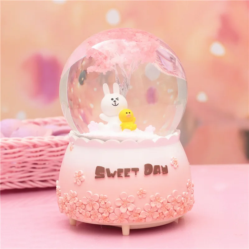 Музыкальная шкатулка в виде хрустального шара Вишневое дерево Единорог девушки