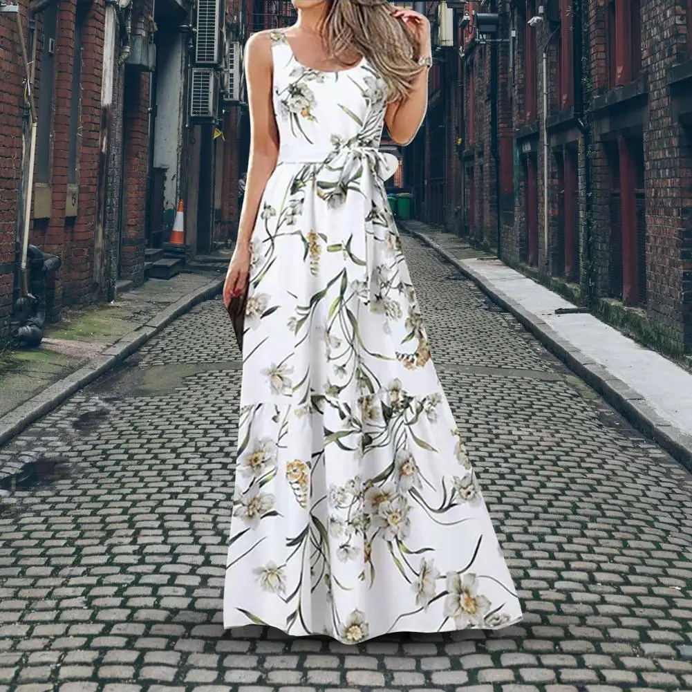 Bohemian Women Sundress O Neck Loose Fit Detachable Belt Long Dress Mid Waist Women Sundress