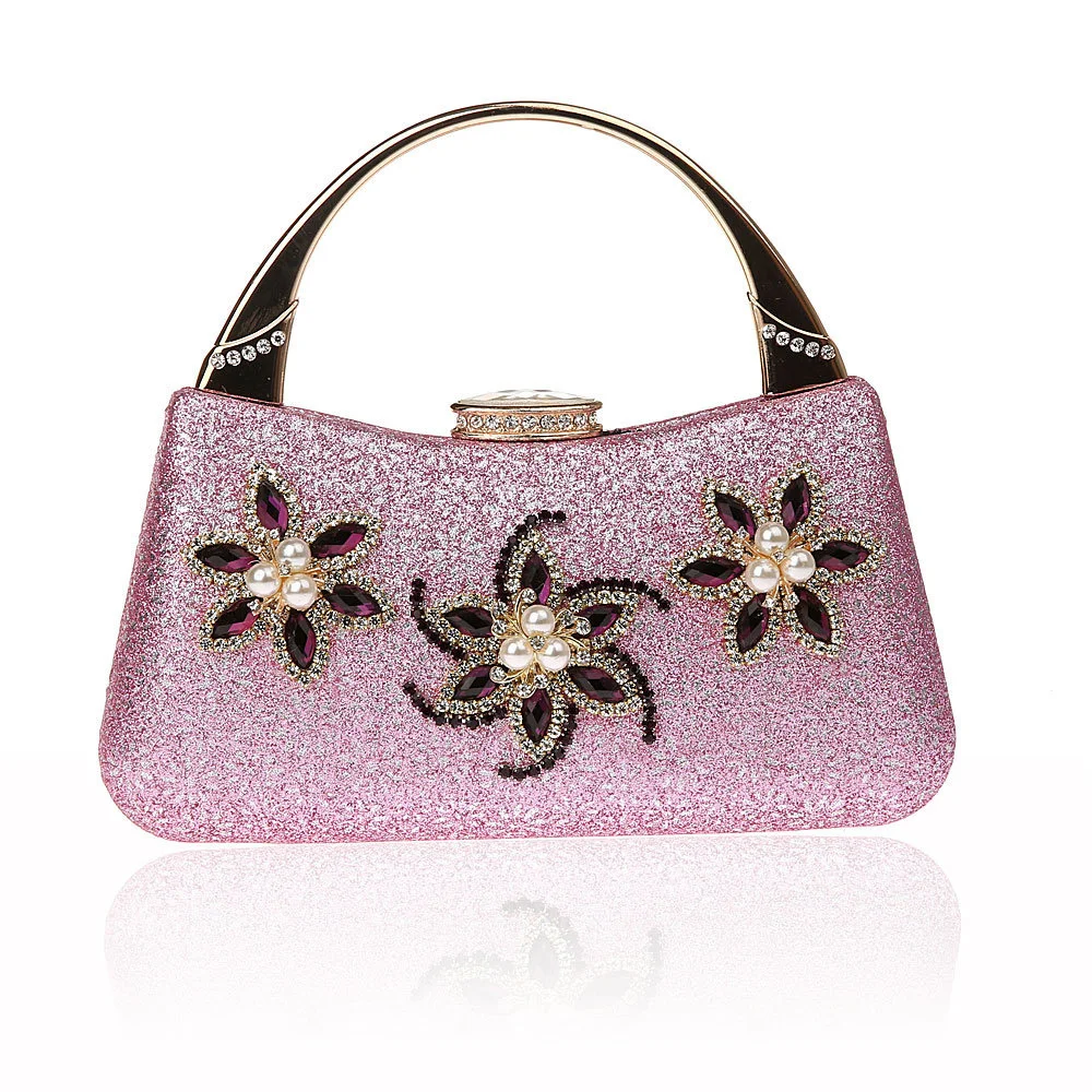 

Women Luxury Evening Bags Wedding Party Pearl Flower Bride Handbag Velour Hard Box Clutch Crystal Diamond Chain WY147