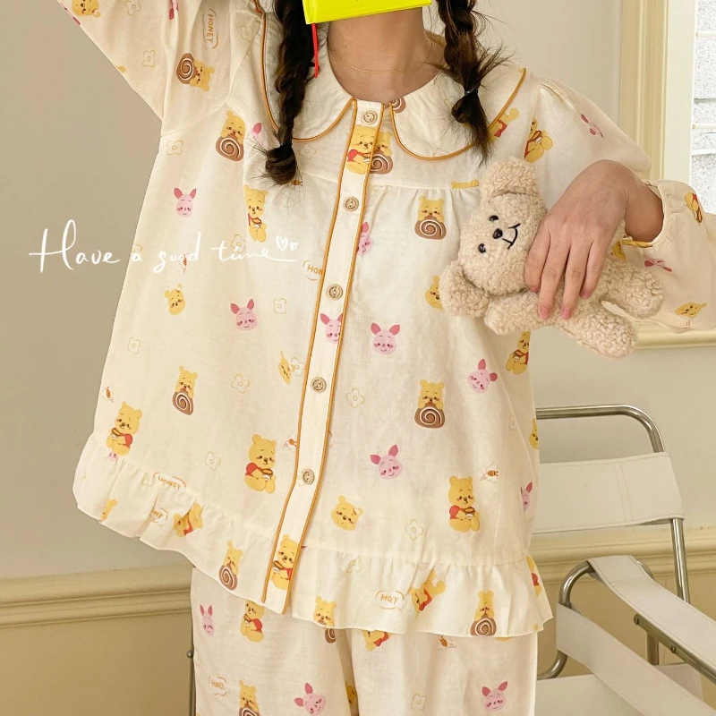 New Pajamas for Women's Spring and Summer Long-sleeved  with Round Neck  Cute Suit Soft Comfortable and Breathable Home Service