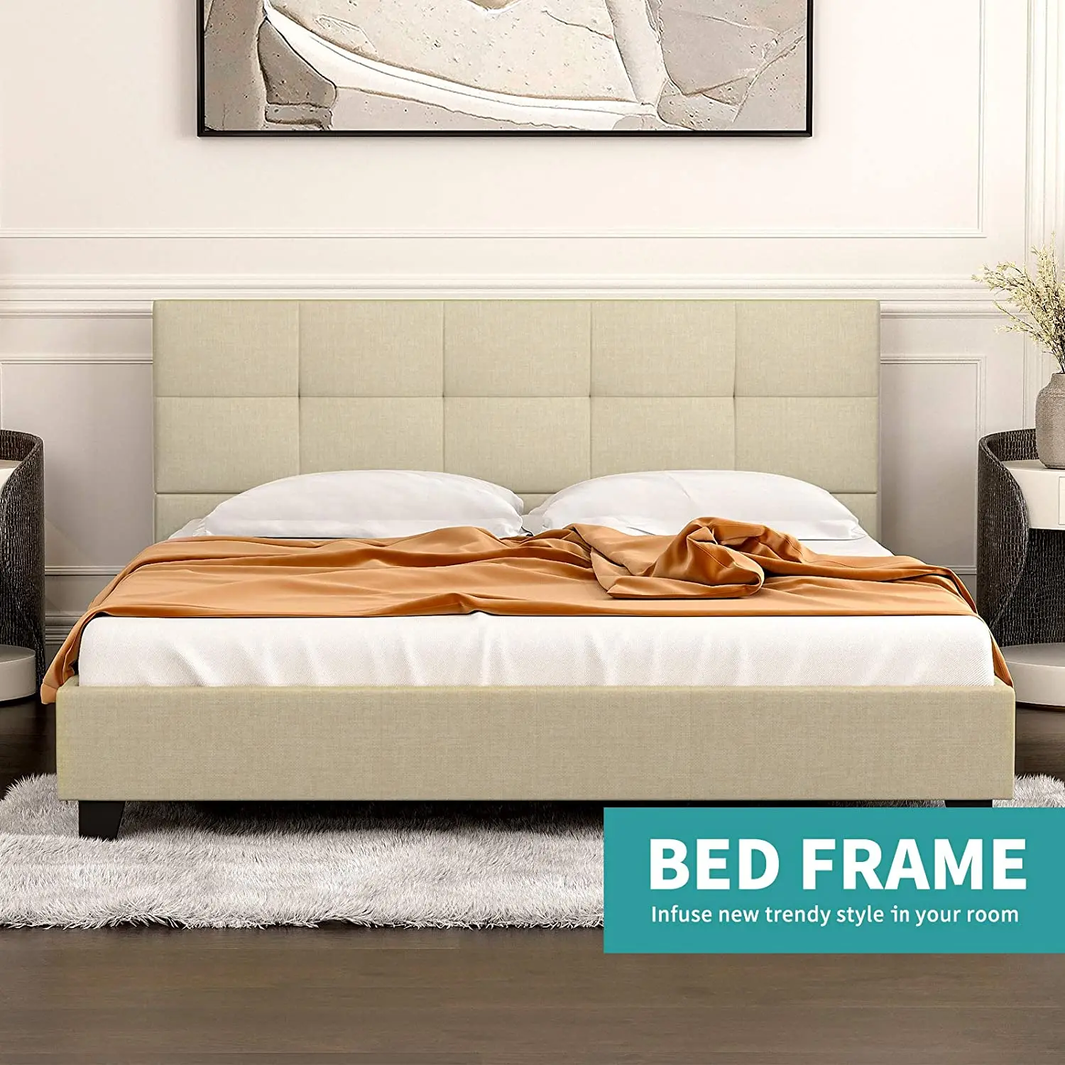 W/tufted Square Stitched Fabric Headboard Strong Wood Slat Support Beige