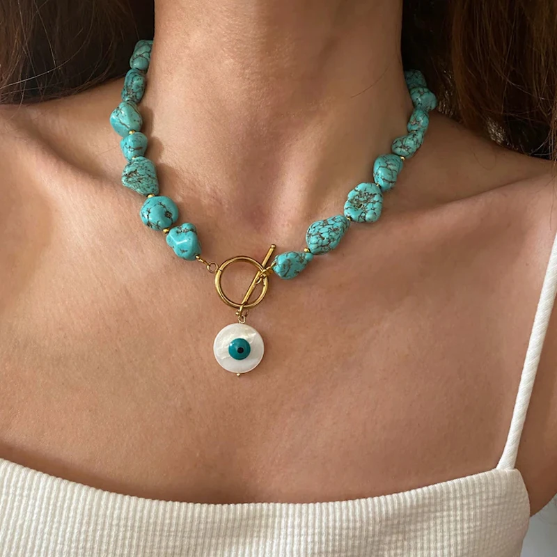 

Geometric Blue Turquoise Gold-color OT Buckle Necklace Vintage Charm Round Demon Eye Pendant Collar Ethnic Style Jewelry Gift