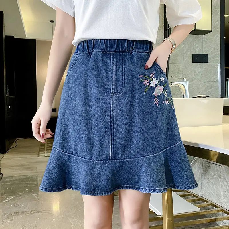

2022 Summer Women's New Ruffles Mini Denim Skirts Female High Waist Floral Embroidery Skirts Ladies Short Jeans Skirts I94