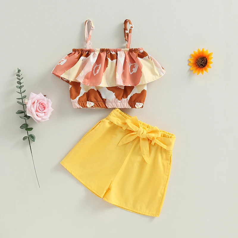 

Listenwind 2-7Y Kids Girl Summer 2Pcs Sets Outfits Flower Print Ruffles Sleeveless Cami Tops Elastic Waist Shorts with Belt