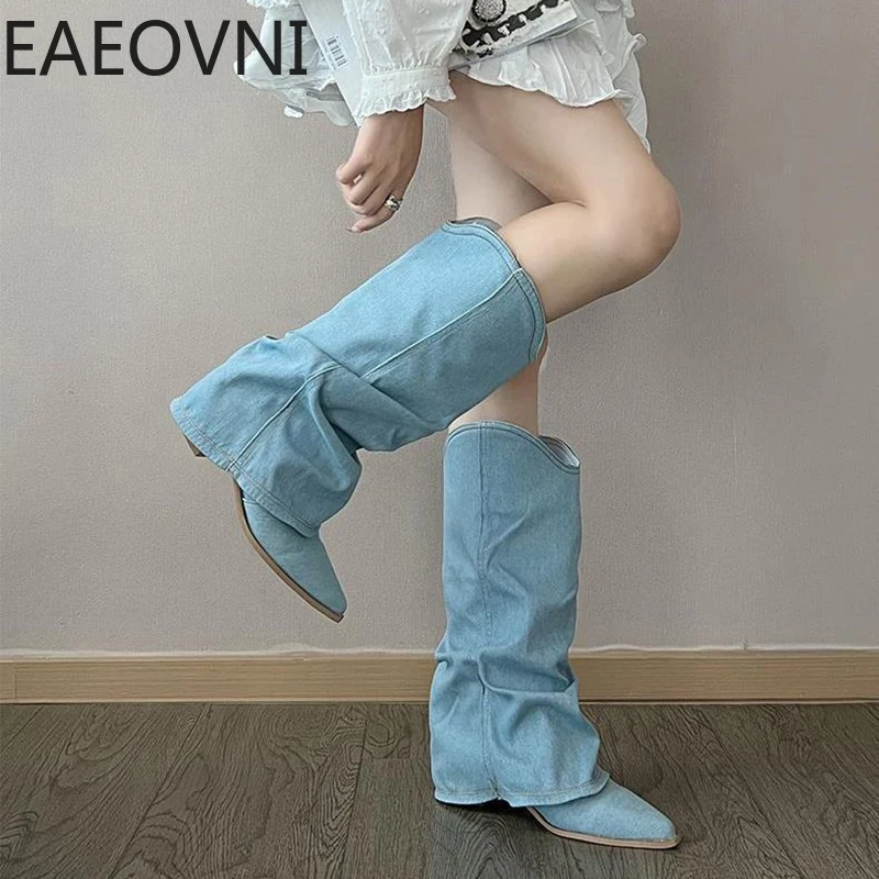 

Женские ковбойские ботинки в стиле ретро, модные длинные ботинки без шнуровки в западном стиле, женская обувь на квадратном каблуке для осени и зимы