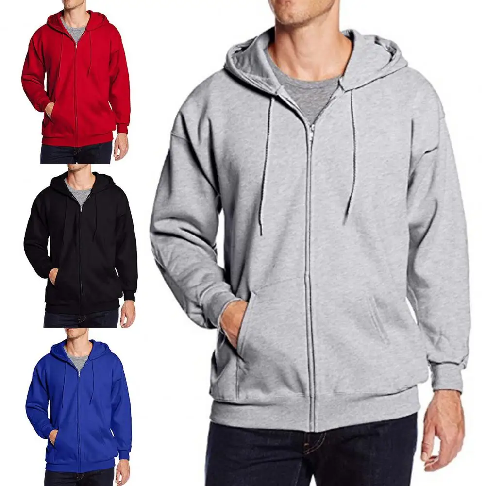 

Long Sleeve Hooded Male Clothing Zipper Closure Men Jacket Casual Sweatshirt Solid Color Drawstring