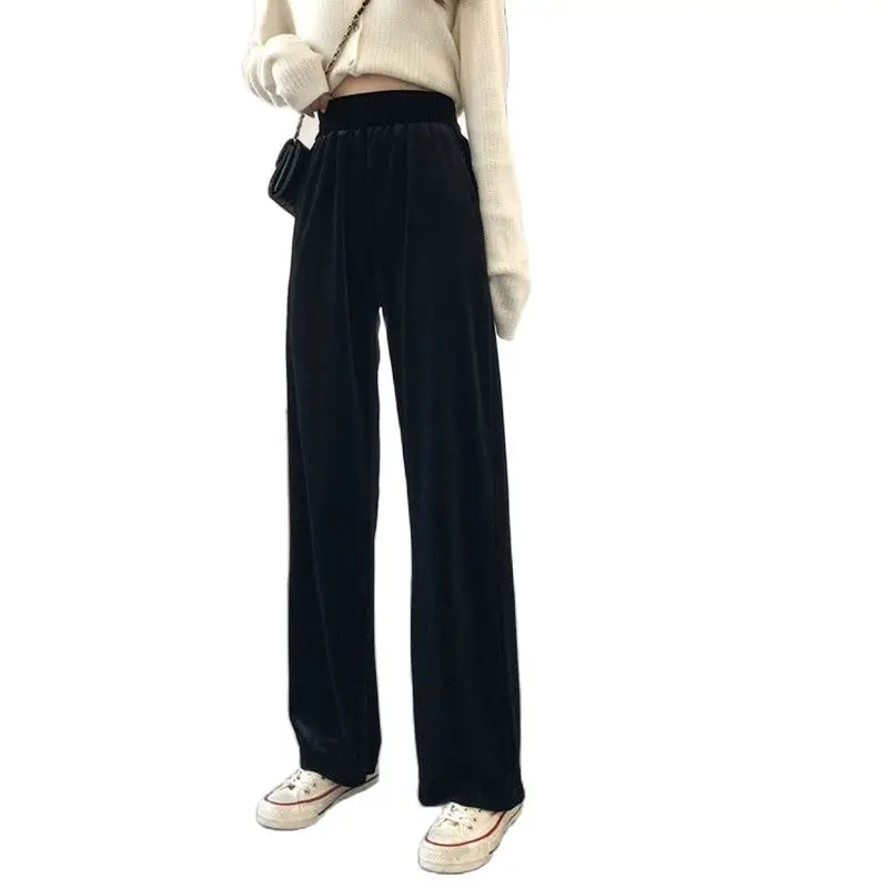 Women Stretchable Velvet Wide Leg Pants  Pure Korean Style Loose Leisure High Waists Female Spring Long Daily Trousers Streetwea