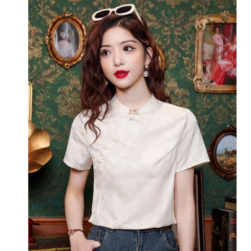 Женская шифоновая блузка в китайском стиле с коротким рукавом и