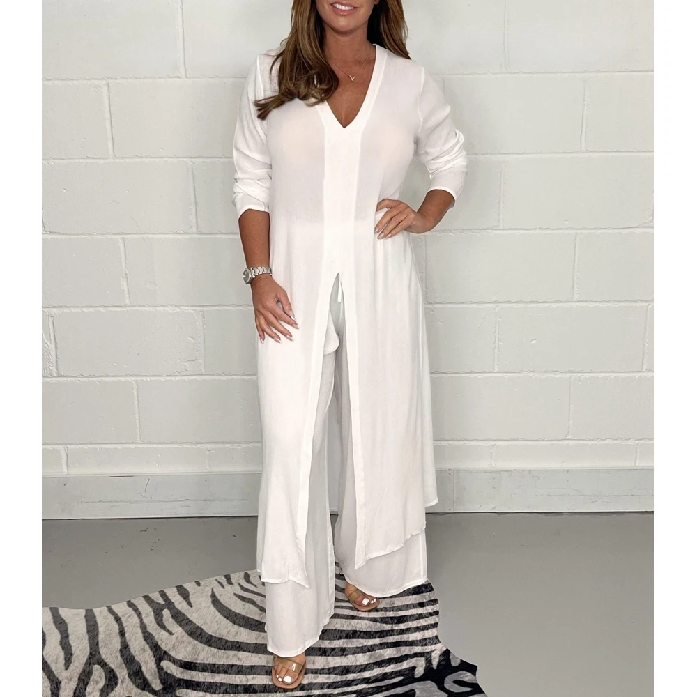 Summer Women Casual V Neck Long Sleeve Extra-Long Top & Wide Leg Pants Set Femme Hem High Split Two Pieces Set Workwear Outfits