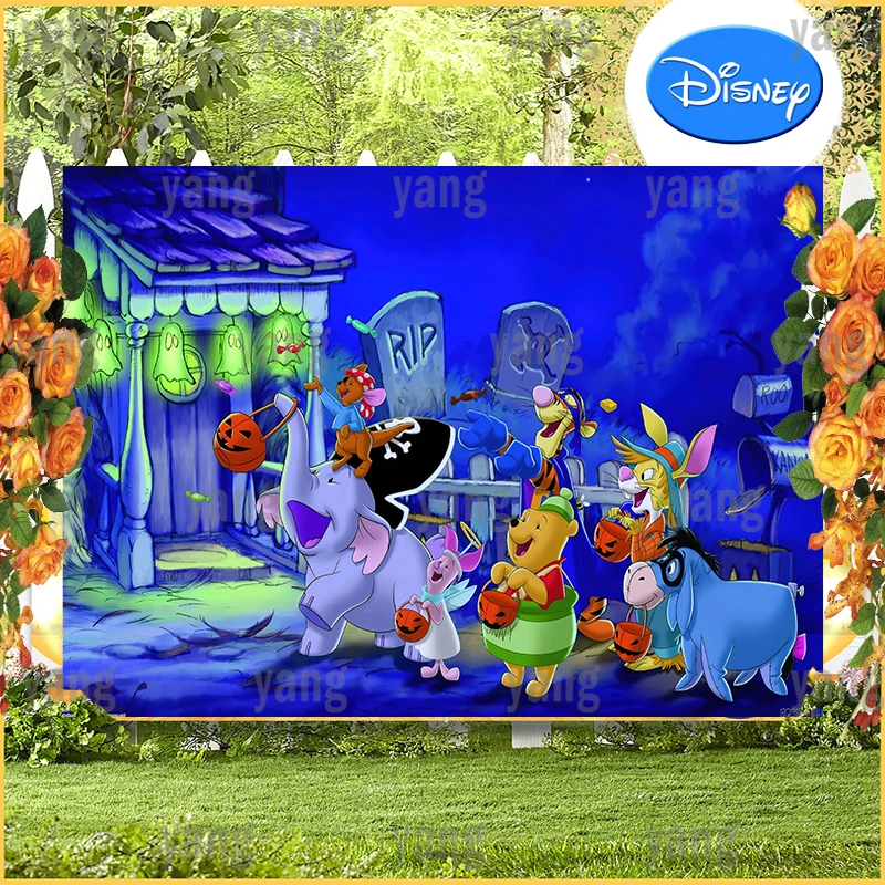 Disney Cartoon Halloween Party Decoration Eeyore Winnie Bear Tigger Piglet Eeyore Pumpkin Blue Photo Backdrop Background  Banner