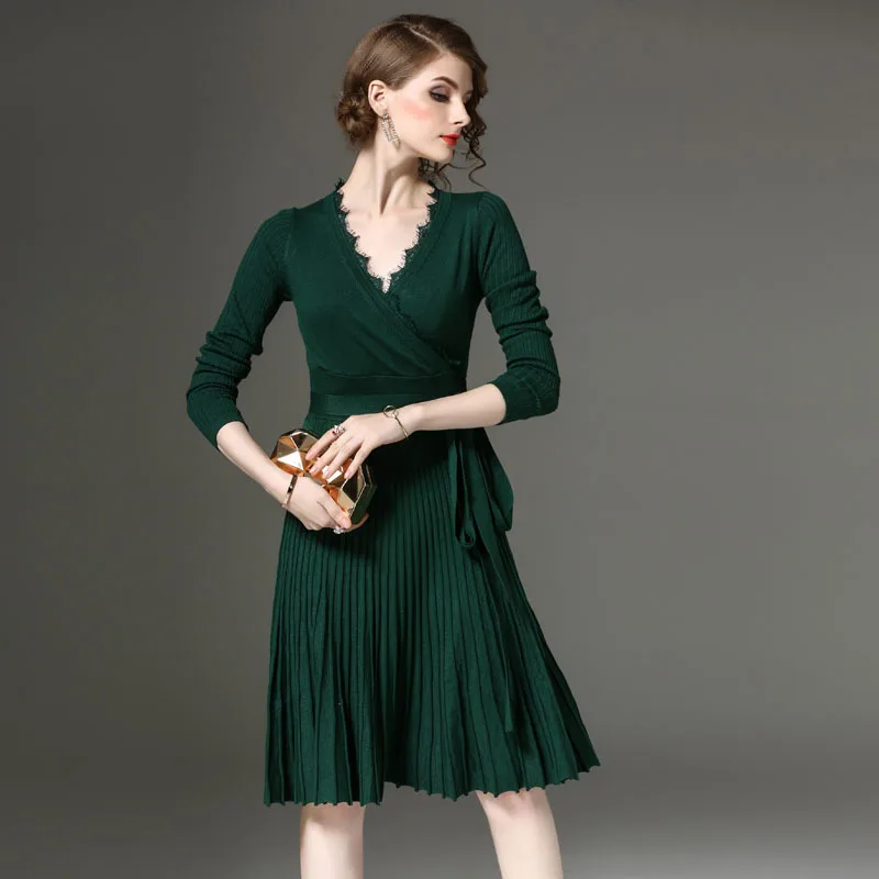 

2022 Autumn Ladies Pleated Sweater Dress Sexy V-neck with Lace Long Sleeve Knit Midi Sweater Dress Slim Fit A-line Party Dress