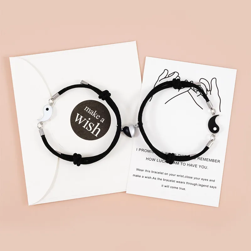 

TULX 2pcs Tai Chi Gossip Couple Bracelet Friendship Yin Yang Love Heart Magnet Attract Bracelet Adjustable Rope Bracelet Jewelry