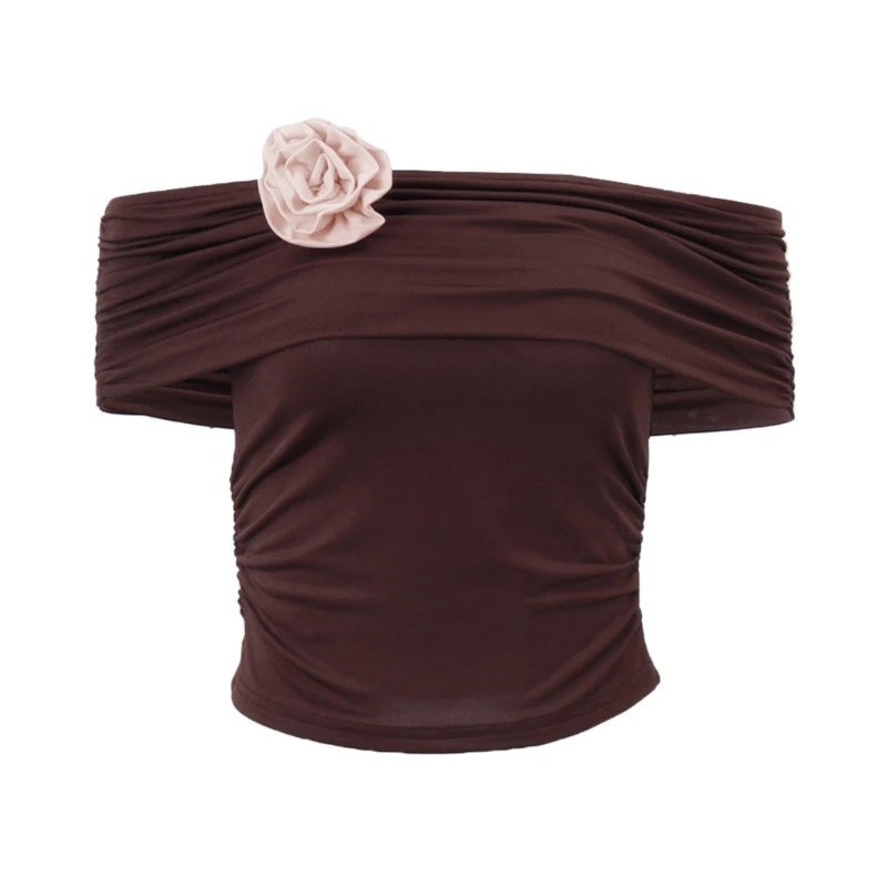 

Women Off Shoulder Top Tight Fit Short Sleeves Sexy Y2k Shirt Slim Fit Tees 57BD