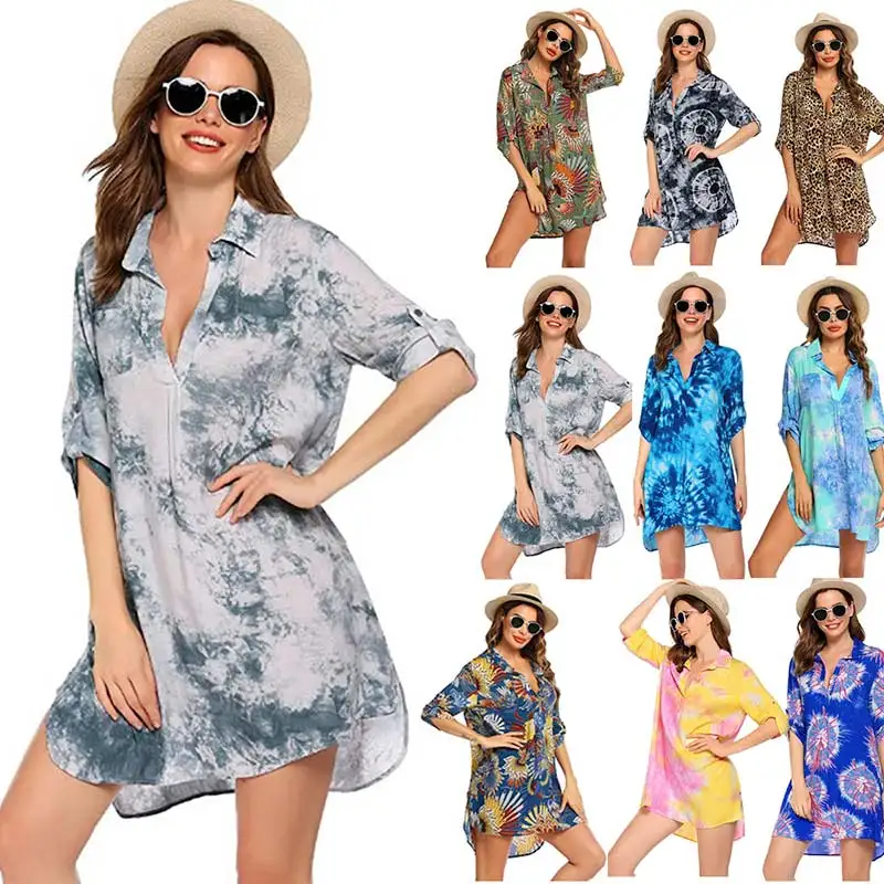 

Women's Swimsuit Beach Cover Up Shirt Bikini Beachwear Bathing Suit Summer Long Blouse Shirts Sun Protection Female Tops