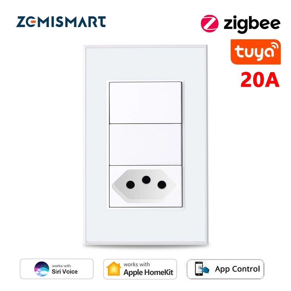 Умная бразильская розетка Zemismart Tuya Zigbee 20A со стандартным выключателем, домашний комплект, настенный кнопочный переключатель, голосовое управление Alexa Google Home