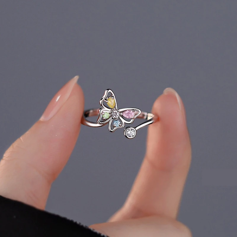 

Creative Colorful Zircon Crystal Hollow Butterfly Rings for Women Girls Dainty Butterfly Adjustable Open Ring Wedding Jewelry