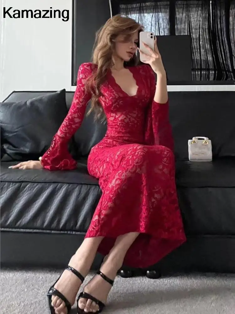 Соблазнительные облегающие кружевные Длинные платья для женщин с V-образным