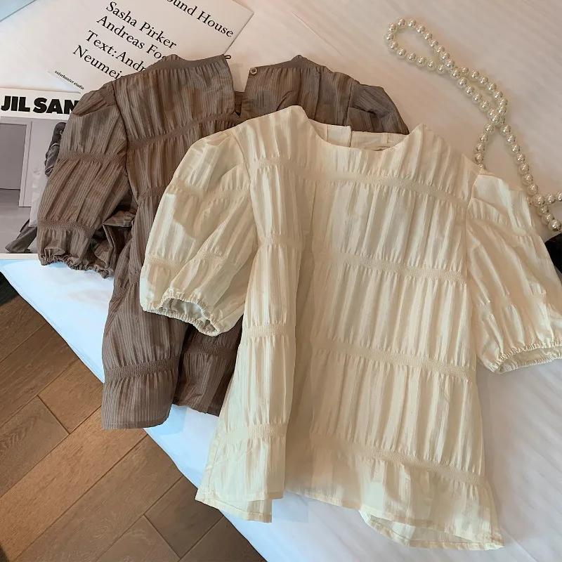 Женский короткий топ с пышными короткими рукавами плиссированная блузка рубашки