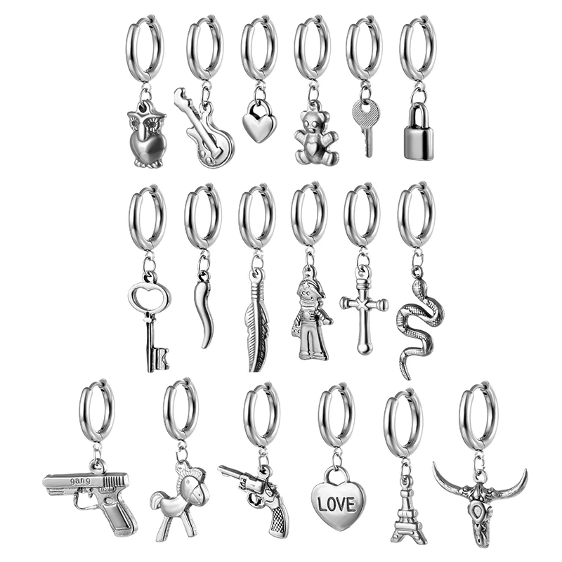 

1 Pce Gothic Punk Stainless Steel Cross Lock Key Snake Scorpion Hoop Earrings For Women And Man Piercing Jewelry Party Wholesale