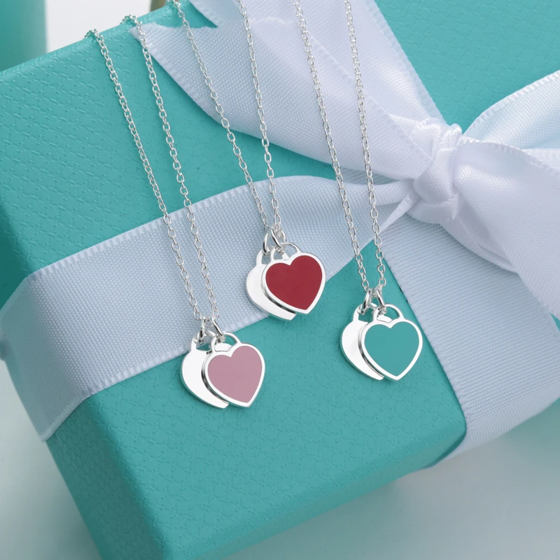 

High Quality Double Heart Enamel Pendant S925 Sterling Silver Love Necklace Ladies Romantic Fashion Brand Jewelry
