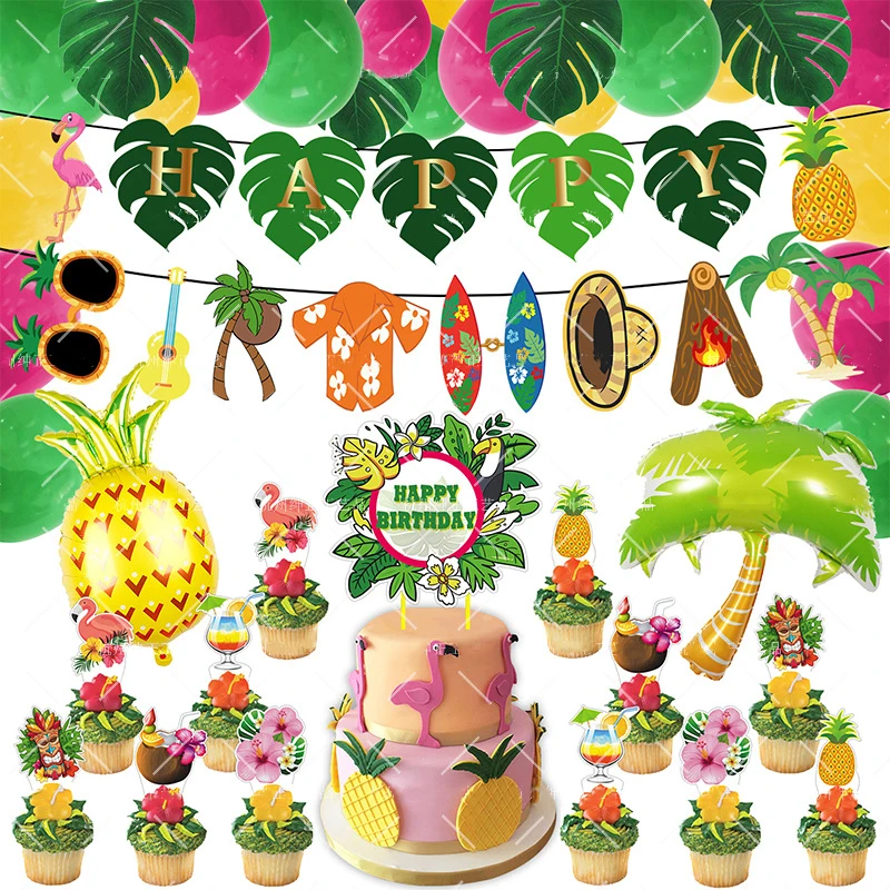 

Hawaiian Theme Summer Aloha Flamingo Pineapple Banner Turtle leaves Foil Balloon Cake Tooper Hawaii Happy Birthday Party Decor