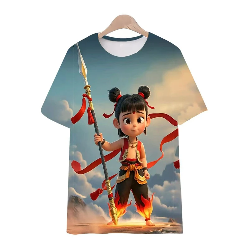 Фото 3D Print Anime Ne Zha T Shirt Men Women Summer Crewneck Short Sleeve Tops 2025 New Trendy Nezha Graphic Boys Girls Kids T-shirt №1