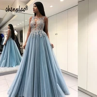 sky blue evening dresses lace appliques a line jewel neck sleeveless backless long evening dress formal party gowns vestidos