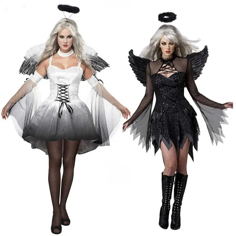 Women's Classic Fallen Angel Cosplay Dress with Wings Lady's Perform Costumes,for Halloween Fancy Dress and Halloween Party