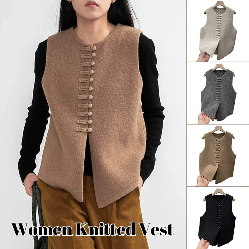 Осень-зима 2024 однотонный женский вязаный кардиган с круглым вырезом свитер жилет