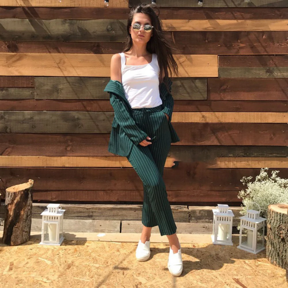 2023 New Fashion Pant Suits 2 Pcs Set for Women Kостюм женский Double Breasted Striped Blazer Jacket & Trouser Office Lady Suit